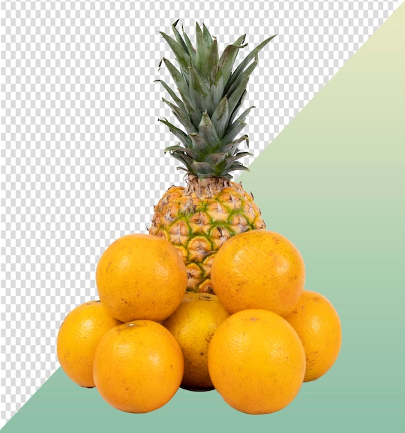 A whole pineapple surrounded by several oranges Not background