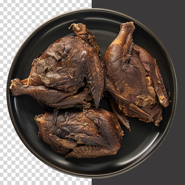 PSD whole tobacco chicken on a black plate png isolated on transparent background