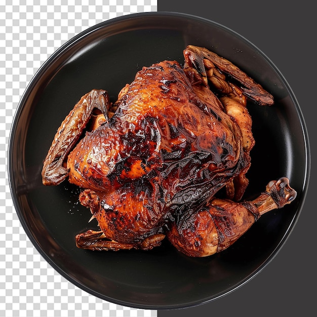 PSD whole tobacco chicken on a black plate png isolated on transparent background