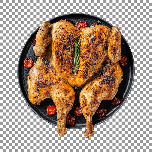 Whole tobacco chicken on a plate with tomatoes and herbs on transparent background