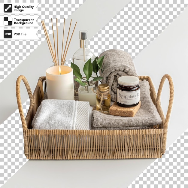 PSD a wicker basket with a bottle of lotion and a bottle of shampoo