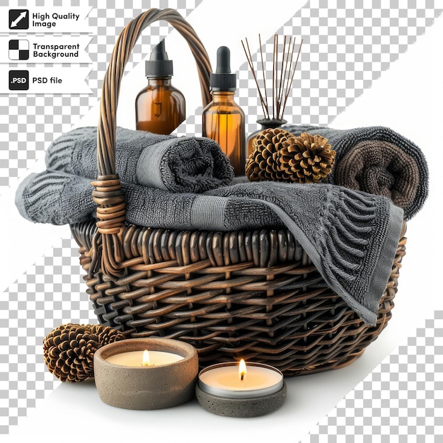 PSD a wicker basket with a candle and a basket of flowers