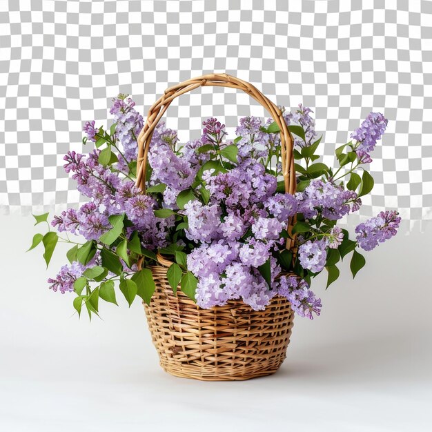 PSD a wicker basket with purple flowers on a white background