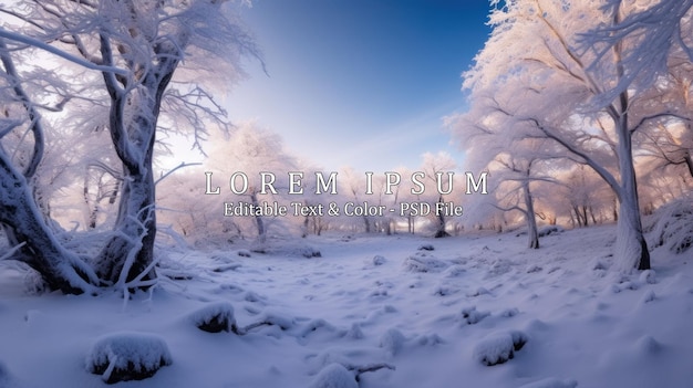 A wide angle shot of the trees in the snowdrifts that are covered in frost enchanted