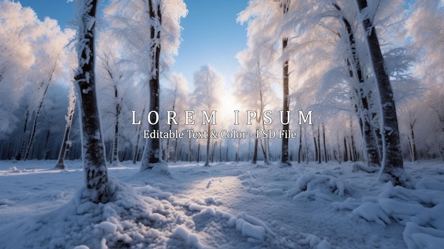 PSD a wide angle shot of the trees in the snowdrifts that are covered in frost enchanted