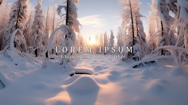 A wide angle shot of the trees in the snowdrifts that are covered in frost