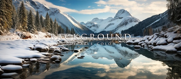 PSD wide angle view of snow covered rocky mountains near frozen lake with cloudy clouds background