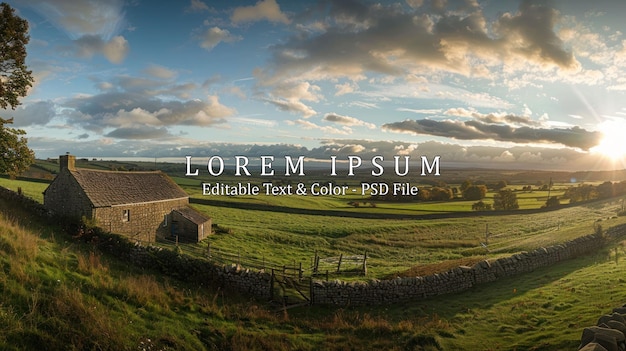 PSD wide panoramic view of beautiful rural landscape in yorkshire dales near hawes