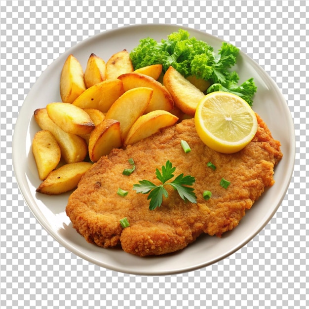 PSD wiener schnitzel with fried potatoes on transparent background