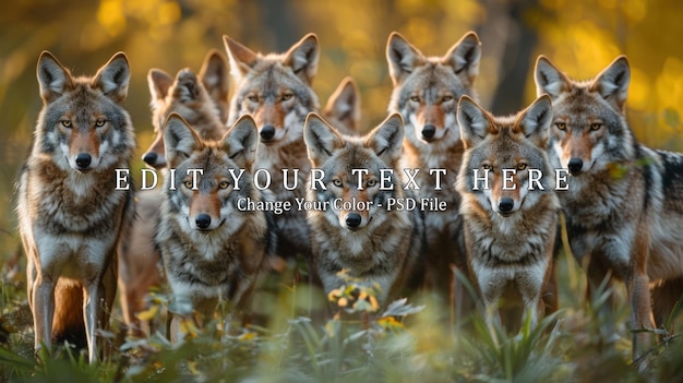 PSD wild coyotes or wolfs standing in group in wild nature