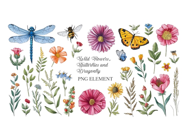 PSD wild flowers butterflies and dragonflies