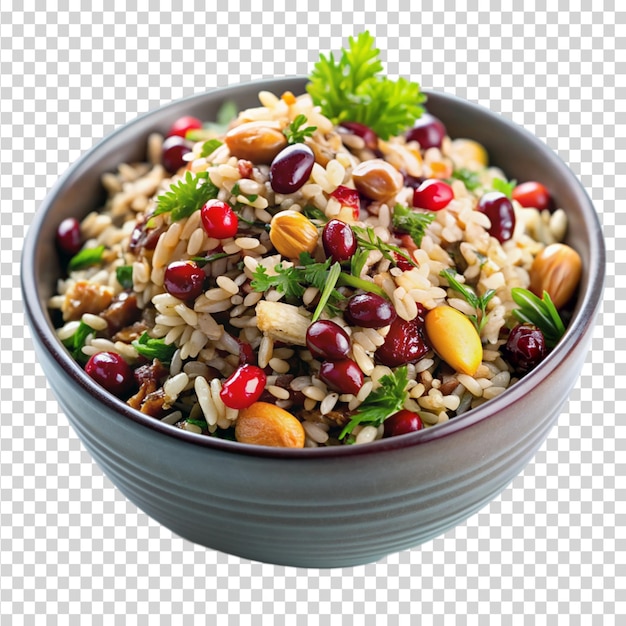 Wild rice salad with cranberries and nuts isolated on transparent background