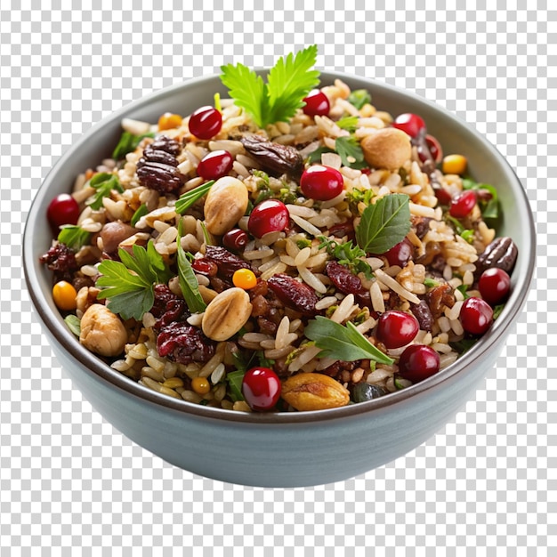 Wild rice salad with cranberries and nuts isolated on transparent background