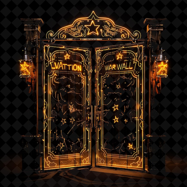 PSD wild west saloon gate with swinging doors and wanted posters png y2k shape neon color collection