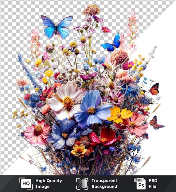 PSD wildflower bouquet with butterflies on transparent psd picture