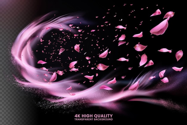 PSD wind swirls sakura petals with magic dust splash isolated on black background