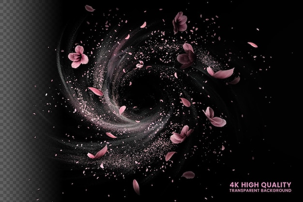 PSD wind swirls sakura petals with magic dust splash isolated on black background