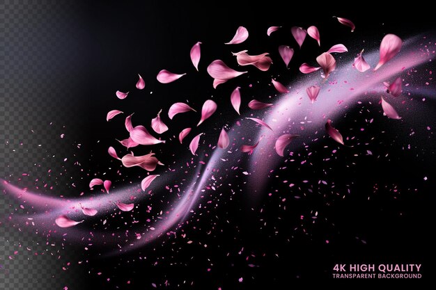 PSD wind swirls sakura petals with magic dust splash isolated on black background