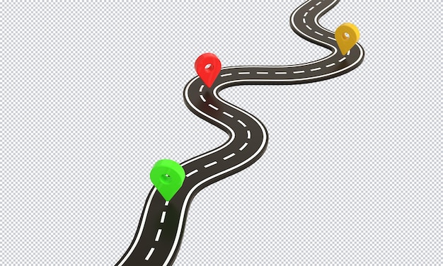 Winding road infographics and map location pin rendering design isolated background