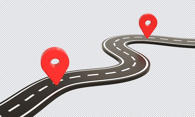 Winding road infographics and map location pin rendering design isolated background