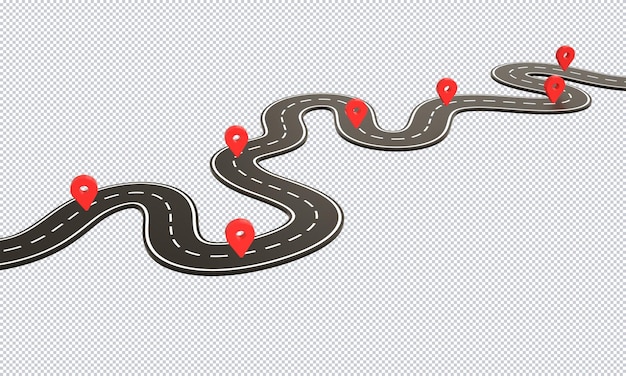 PSD winding road infographics and map location pin rendering design isolated background