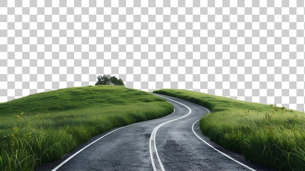 PSD winding road through a lush green field isolated on transparent background