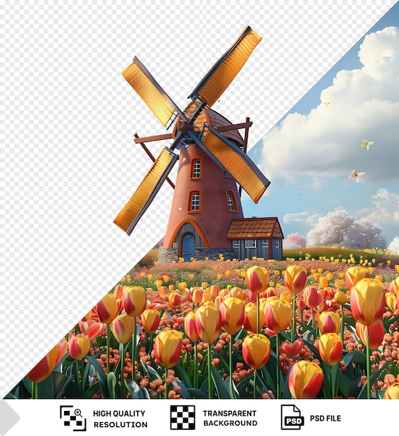 PSD windmill tulip field transparent background