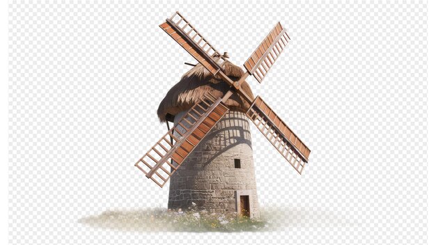 a windmill with a wooden roof and a white background