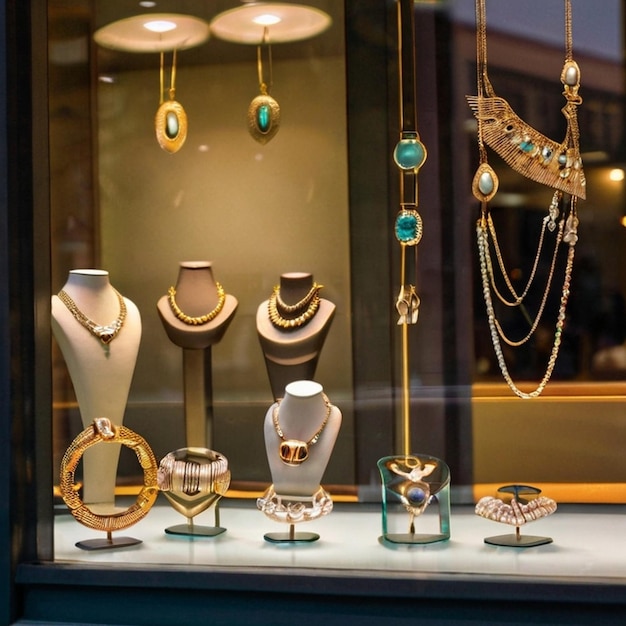 a window display with a gold necklace and jewelry on display