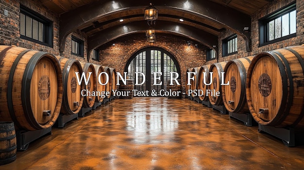 PSD wine barrels in a cellar with brick walls and wooden ceiling