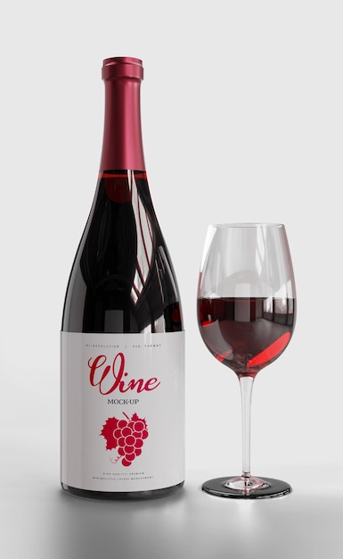 Wine bottle mockup with wine of glass.