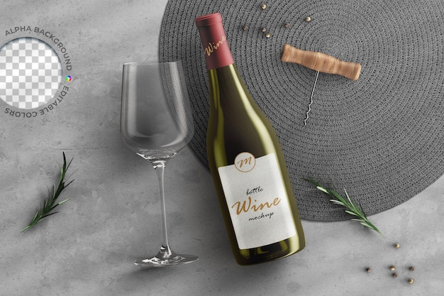 Wine bottle packaging mockup with glass and corkscrew arrangement kitchen table concept isolated