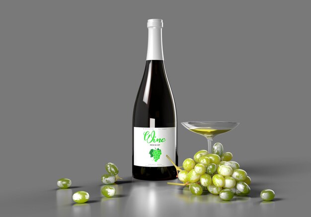 PSD wine bottle scene with grapes and wine glass mockup template 3d render.