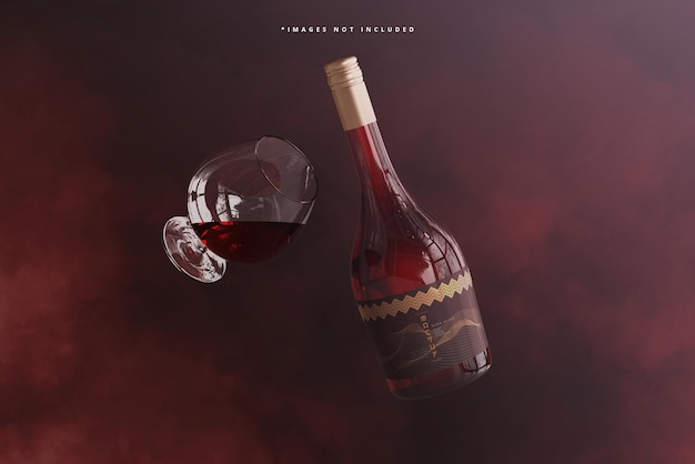 wine bottle with glass mockup