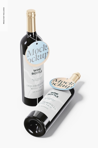 Wine Bottles with Double Round Tag Mockup, Standing and Dropped