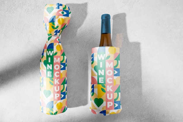 PSD wine bottles wrapped in colorful paper above view