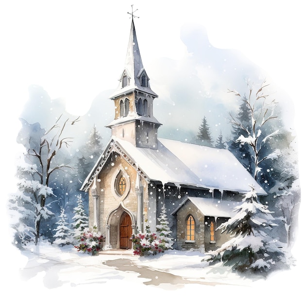 Winter Church For Christmas Event Watercolor Style AI Generated