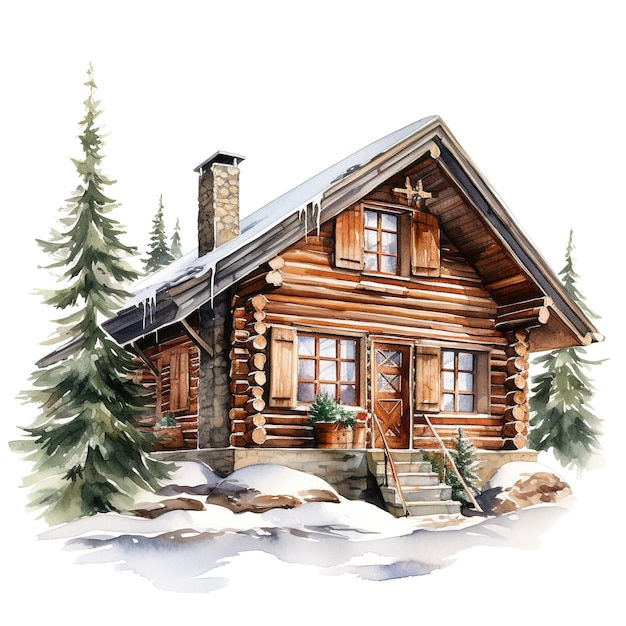 Winter Forest Cabin For Christmas Event Watercolor Style AI Generated