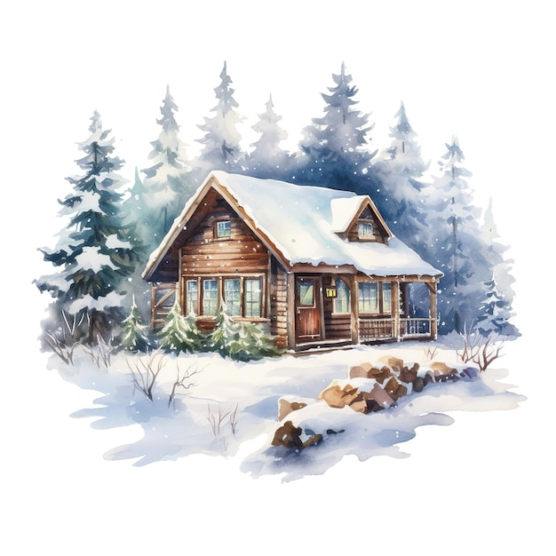 Winter Forest Cabin For Christmas Event Watercolor Style AI Generated