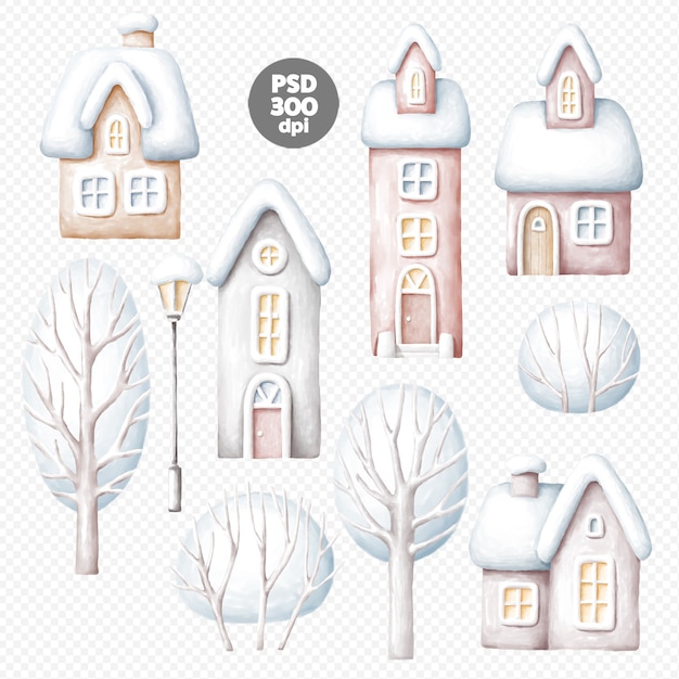 Winter houses and trees illustrations