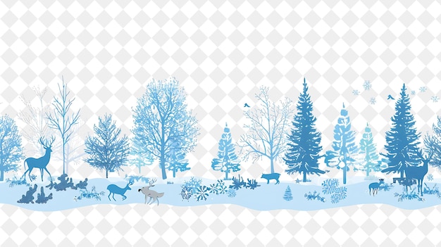 a winter scene with trees and snowflakes