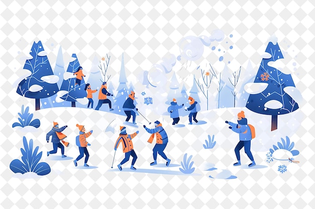 PSD winter wonderland with characters having a snowball fight de people life style flat illustration