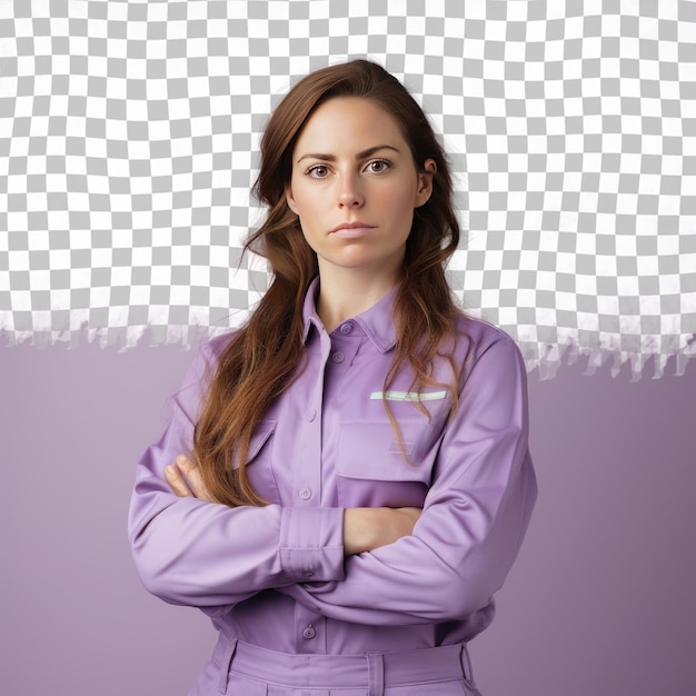 PSD a wistful adult woman with long hair from the nordic ethnicity dressed in plumber attire poses in a serious stance with folded arms style against a pastel lilac background