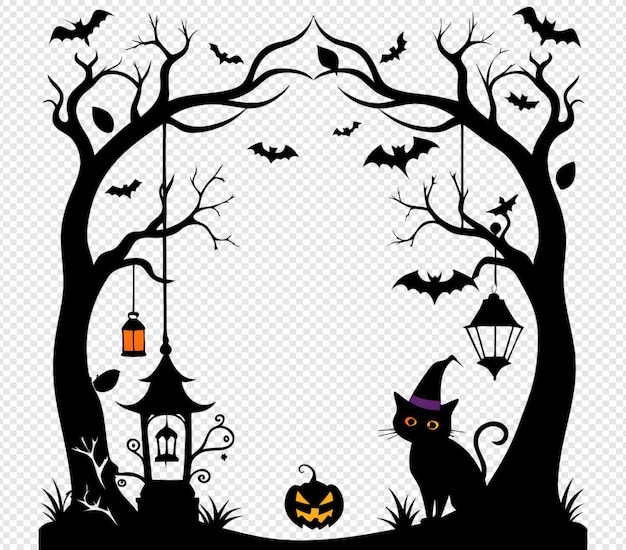 PSD witchy halloweenthemed frame with curled tree branches and jackolantern