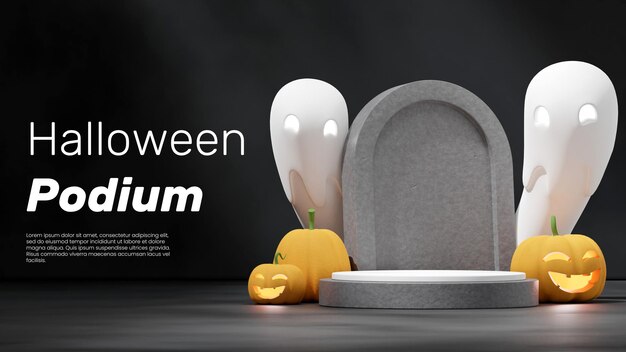 PSD with ghosts and pumpkins 3d render blank space spooky halloween podium in landscape