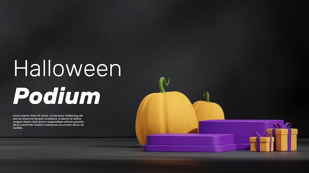 PSD with gifts and pumpkins 3d rendering empty scene purple halloween podium in landscape