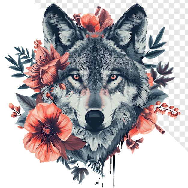 PSD wolf head flower print t shirt design