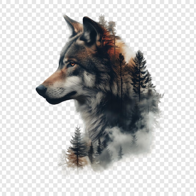 PSD a wolf head with a forest on it