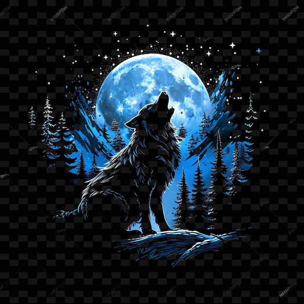 PSD a wolf howling at the moon with the moon in the background