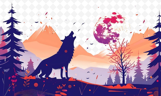 PSD a wolf howling at a mountain with a red background with mountains and trees